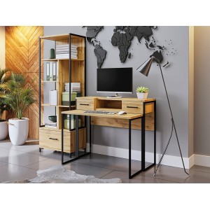 Console extensible en Bureau avec 2 tiroirs et 1 niche collection JASPER coloris chêne pieds en fer noir.