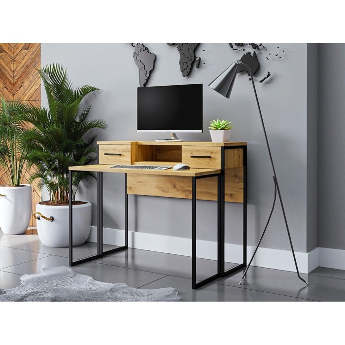 Console extensible en Bureau avec 2 tiroirs et 1 niche collection JASPER coloris chêne pieds en fer noir.