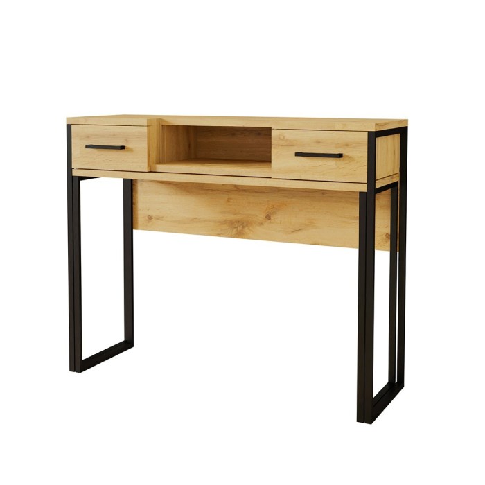 Console extensible en Bureau avec 2 tiroirs et 1 niche collection JASPER coloris chêne pieds en fer noir.