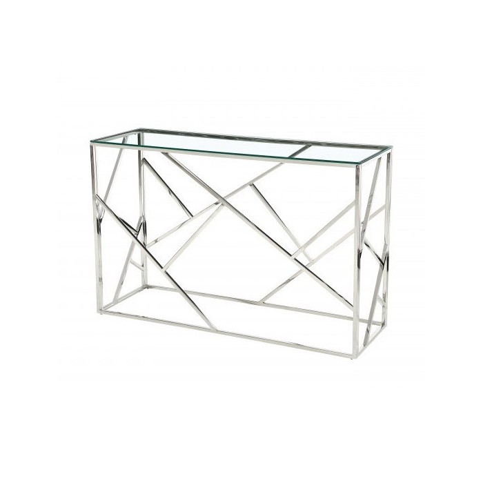Console design collection ZOXY en métal chromé et verre trempé.