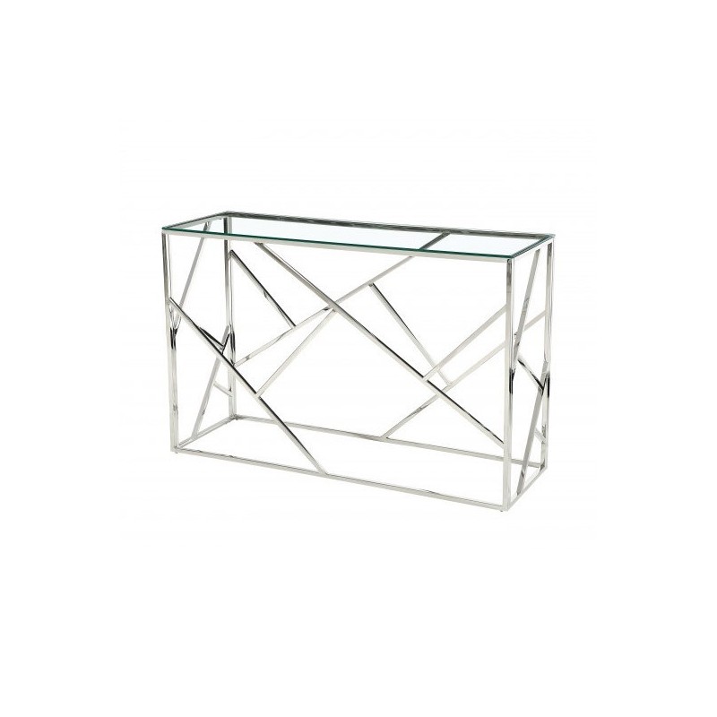 Console design collection ZOXY en métal chromé et verre trempé.