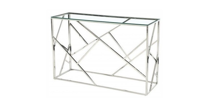 Console design collection ZOXY en métal chromé et verre trempé.