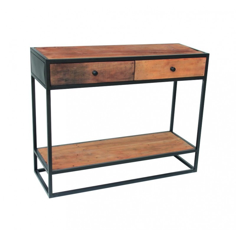 Console de salon avec tiroirs style industriel en bois massif et structure métal. Collection EBENE