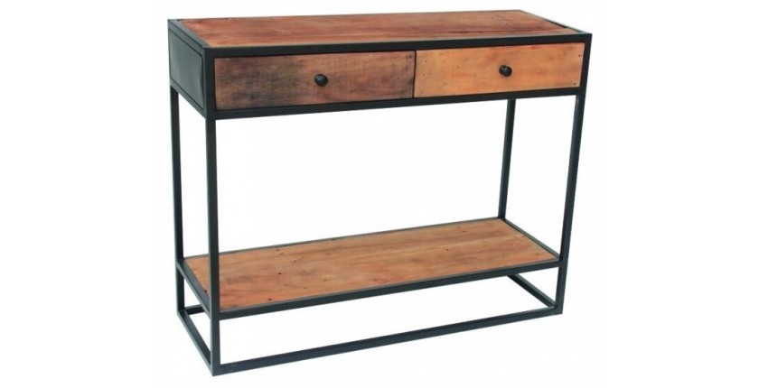 Console de salon avec tiroirs style industriel en bois massif et structure métal. Collection EBENE