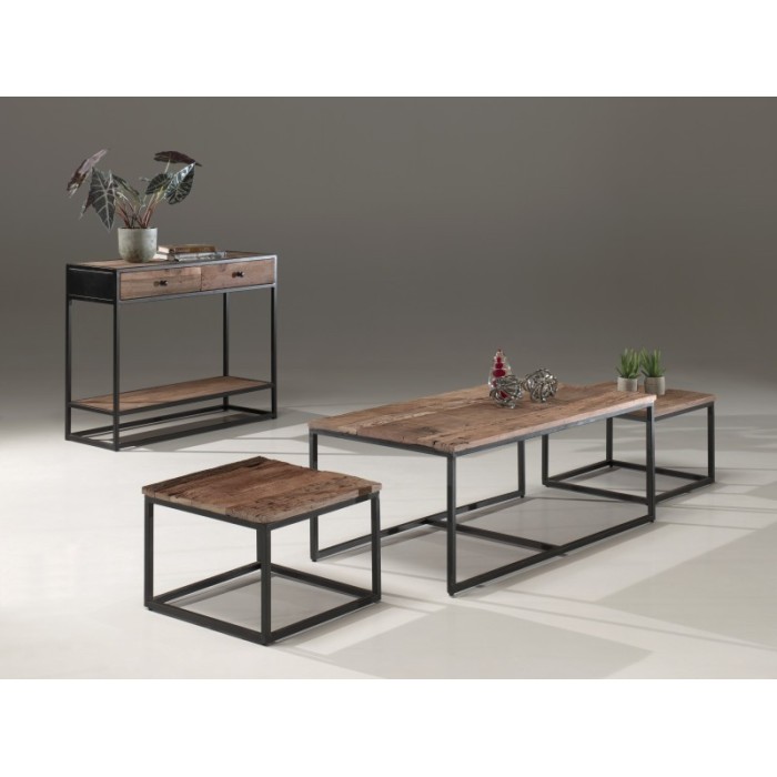 Console de salon avec tiroirs style industriel en bois massif et structure métal. Collection EBENE