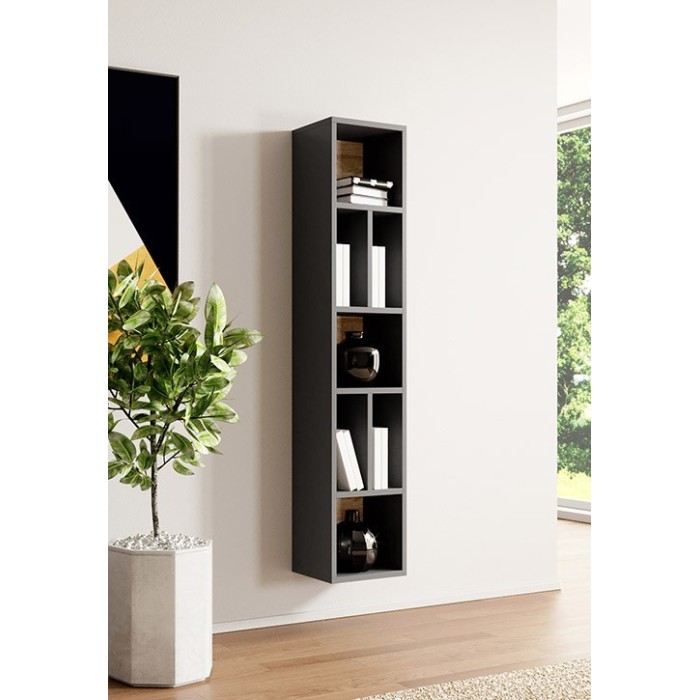 Bibliothèque suspendue 160x32cm collection OHIO. Coloris gris anthracite et chêne.