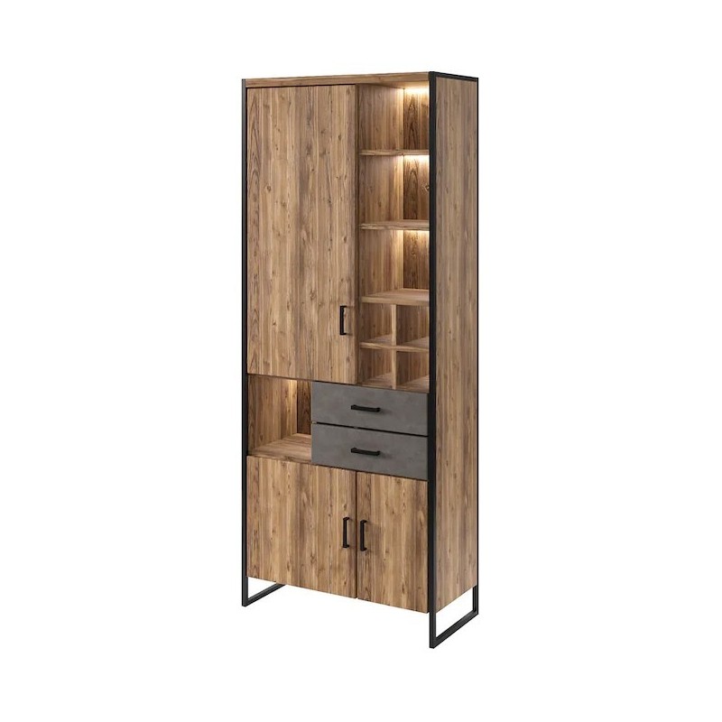 Bibliothèque style industriel avec LED intégrées collection ZOLA. Coloris épicéa et gris.