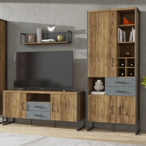 Bibliothèque style industriel avec LED intégrées collection ZOLA. Coloris épicéa et gris.