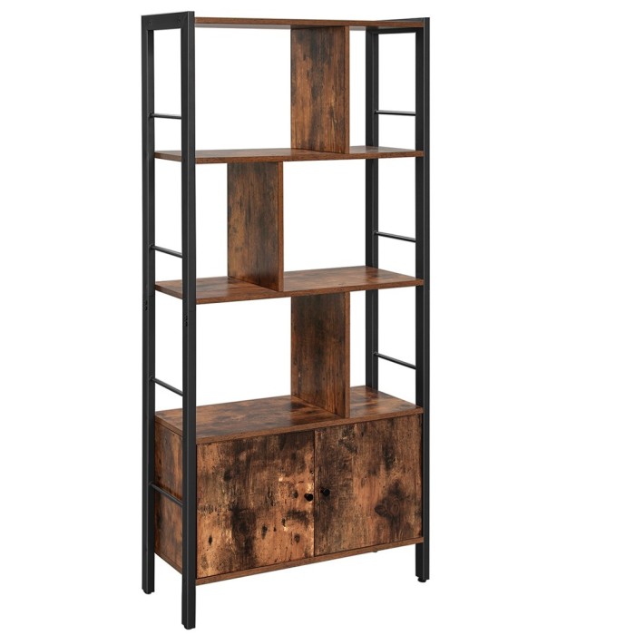 Bibliothèque style rustique collection Austin. Structure en métal. Coloris bois foncé et noir.