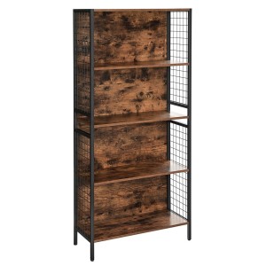 Bibliothèque style rustique 4 niveaux collection Austin. Structure en métal. Coloris bois foncé et noir.
