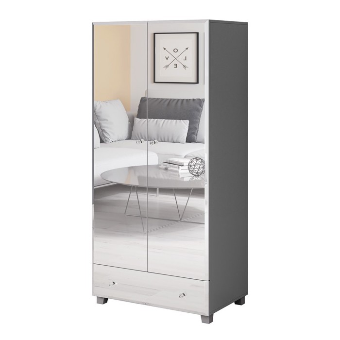 Armoire penderie corps gris et façades recouverte de miroirs collection LUXOR. 2 portes et un tiroir