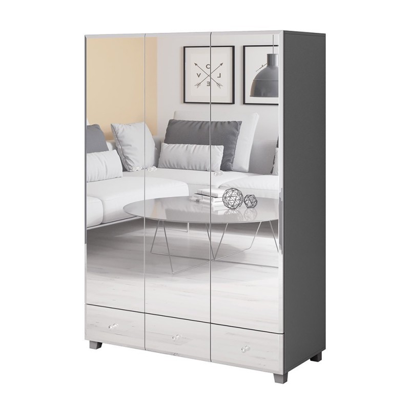 Armoire penderie recouverte de miroirs collection LUXOR. 3 portes et 3 tiroirs