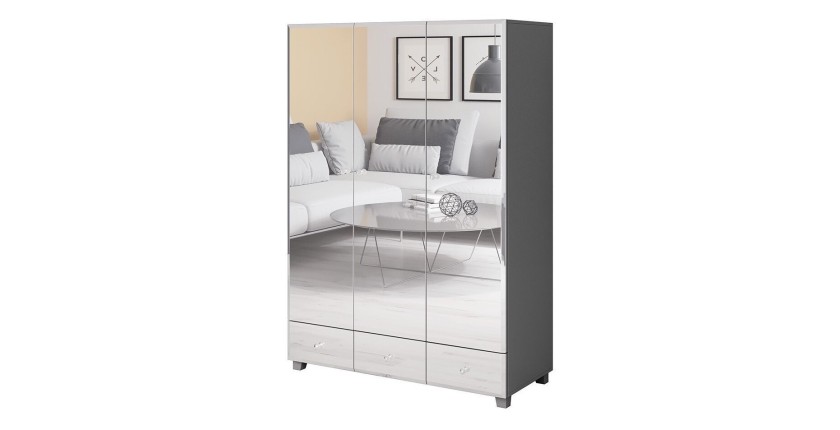 Armoire penderie recouverte de miroirs collection LUXOR. 3 portes et 3 tiroirs