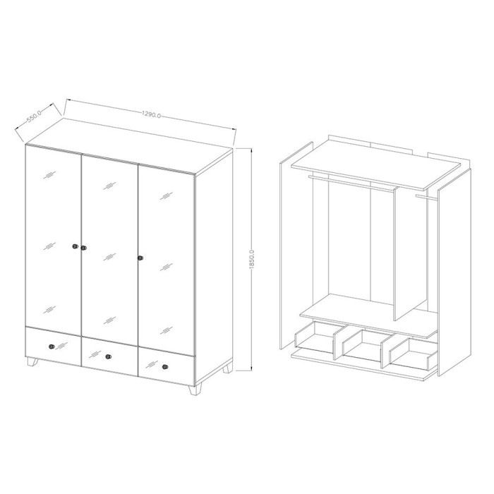 Armoire penderie recouverte de miroirs collection LUXOR. 3 portes et 3 tiroirs