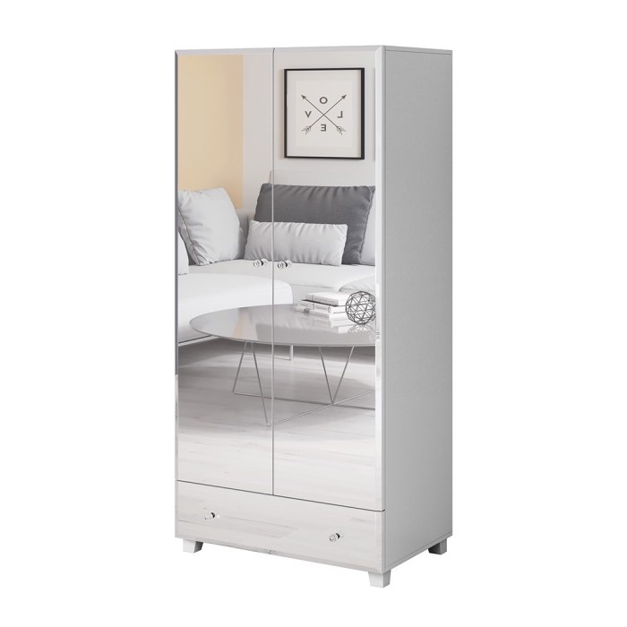 Armoire penderie corps blanc et façades recouvertes de miroirs collection LUXOR. 2 portes et un tiroir