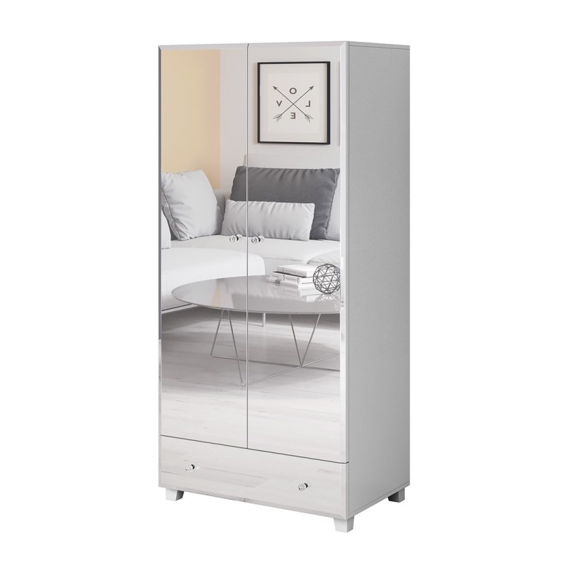 Armoire penderie corps blanc et façades recouvertes de miroirs collection LUXOR. 2 portes et un tiroir