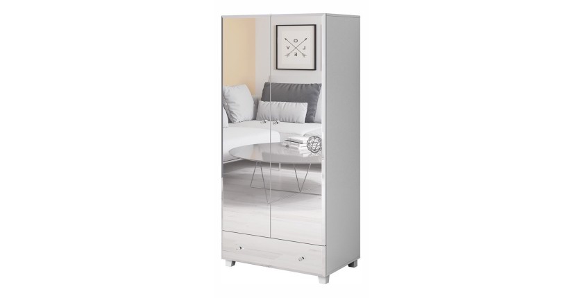 Armoire penderie corps blanc et façades recouvertes de miroirs collection LUXOR. 2 portes et un tiroir