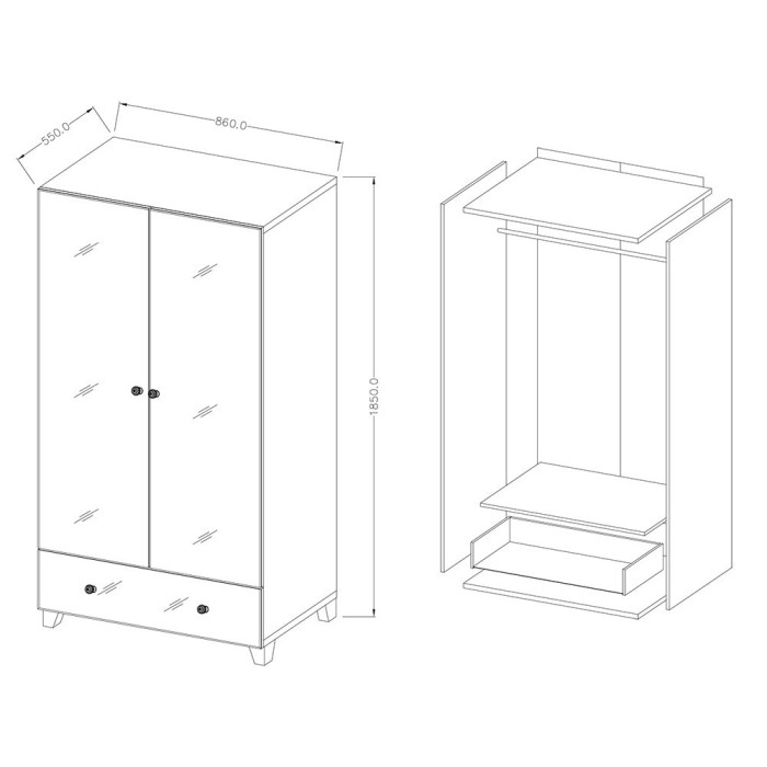 Armoire penderie corps blanc et façades recouvertes de miroirs collection LUXOR. 2 portes et un tiroir