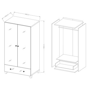 Armoire penderie corps blanc et façades recouvertes de miroirs collection LUXOR. 2 portes et un tiroir