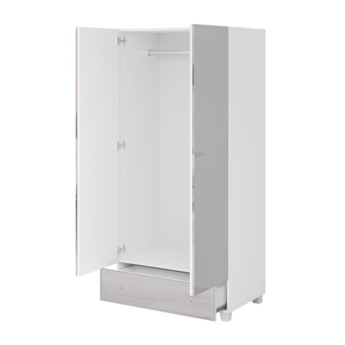 Armoire penderie corps blanc et façades recouvertes de miroirs collection LUXOR. 2 portes et un tiroir