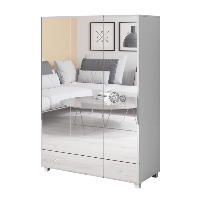 Armoire penderie corps blanc et façades recouverte de miroirs collection LUXOR. 3 portes et 3 tiroirs