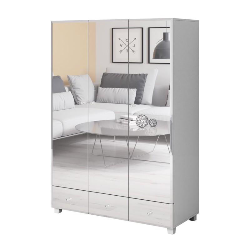 Armoire penderie corps blanc et façades recouverte de miroirs collection LUXOR. 3 portes et 3 tiroirs