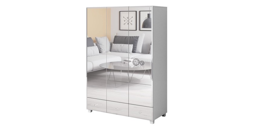 Armoire penderie corps blanc et façades recouverte de miroirs collection LUXOR. 3 portes et 3 tiroirs