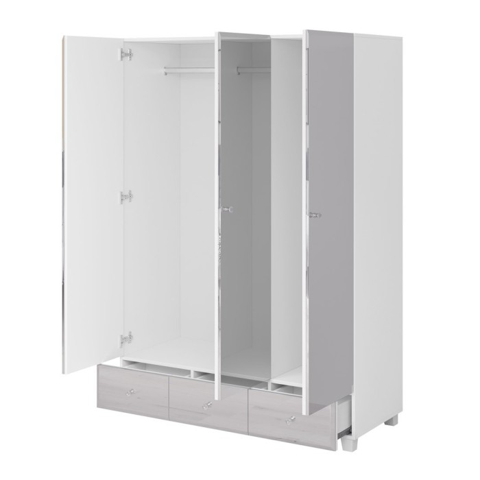 Armoire penderie corps blanc et façades recouverte de miroirs collection LUXOR. 3 portes et 3 tiroirs