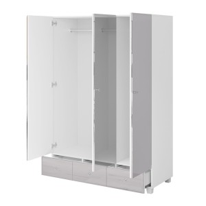 Armoire penderie corps blanc et façades recouverte de miroirs collection LUXOR. 3 portes et 3 tiroirs