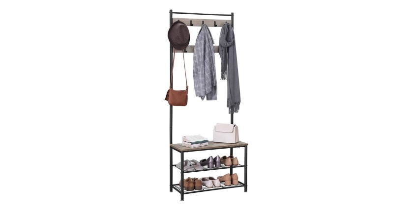 Portant collection PUSH coloris gris effet bois. Meuble d'entrée avec penderie et rangement chaussures intégrés