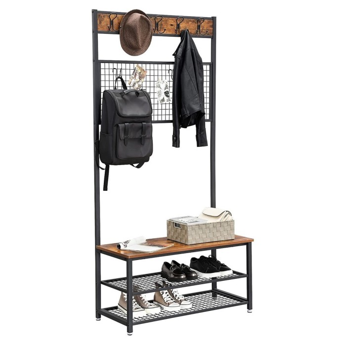 Portant collection NASHVILLE coloris noir et bois. Meuble d'entrée avec penderie et rangement chaussures intégrés