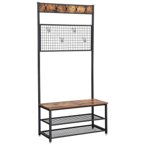 Portant collection NASHVILLE coloris noir et bois. Meuble d'entrée avec penderie et rangement chaussures intégrés