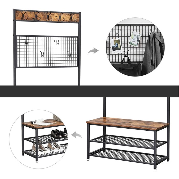 Portant collection NASHVILLE coloris noir et bois. Meuble d'entrée avec penderie et rangement chaussures intégrés