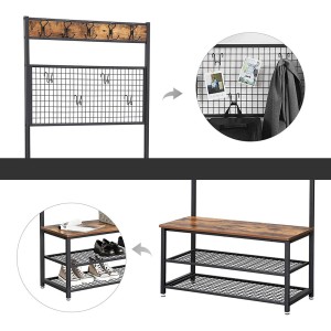 Portant collection NASHVILLE coloris noir et bois. Meuble d'entrée avec penderie et rangement chaussures intégrés