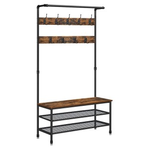 Portant XL collection NASHVILLE coloris noir et bois. Meuble d'entrée avec penderie et rangement chaussures intégrés