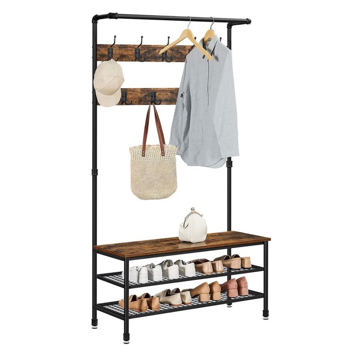 Portant XL collection NASHVILLE coloris noir et bois. Meuble d'entrée avec penderie et rangement chaussures intégrés