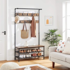 Portant XL collection NASHVILLE coloris noir et bois. Meuble d'entrée avec penderie et rangement chaussures intégrés