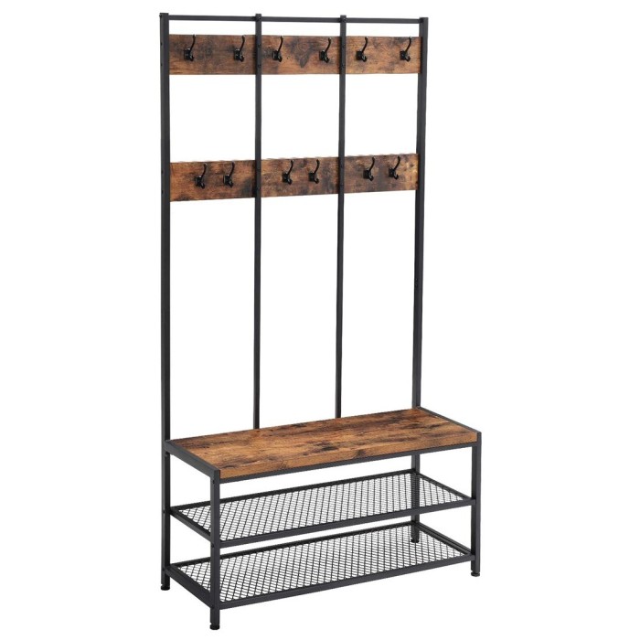 Portant collection RICHMOND coloris bois et noir. Meuble d'entrée avec penderie et rangement chaussures intégrés