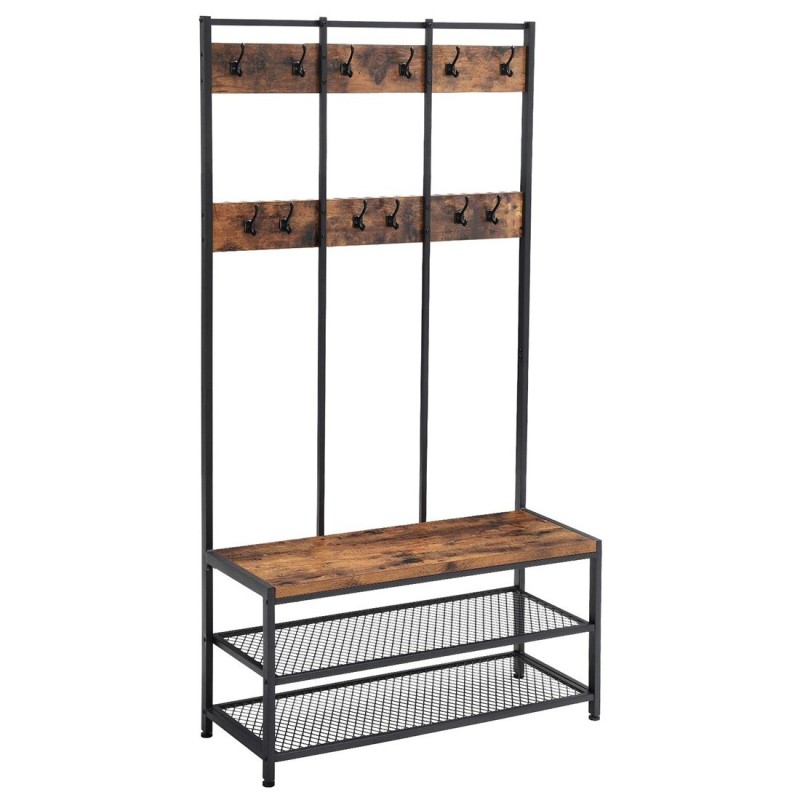 Portant collection RICHMOND coloris bois et noir. Meuble d'entrée avec penderie et rangement chaussures intégrés