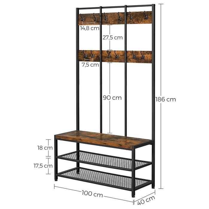Portant collection RICHMOND coloris bois et noir. Meuble d'entrée avec penderie et rangement chaussures intégrés