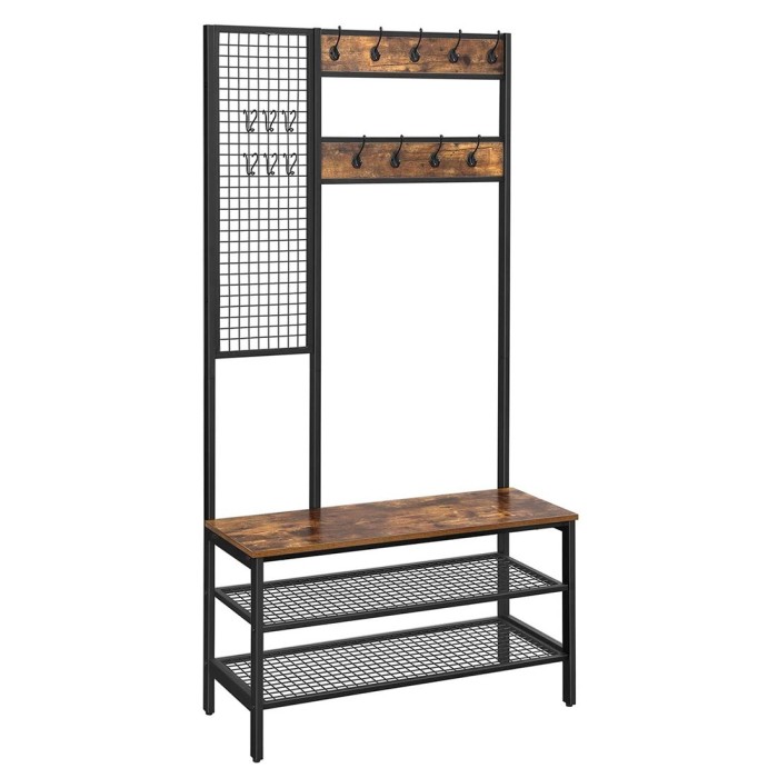 Portemanteau collection RICHMOND coloris noir et bois. Meuble d'entrée avec penderie et rangement chaussures intégrés