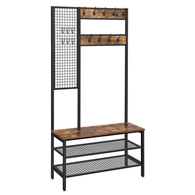 Portemanteau collection RICHMOND coloris noir et bois. Meuble d'entrée avec penderie et rangement chaussures intégrés