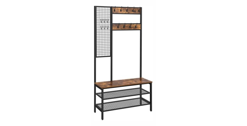 Portemanteau collection RICHMOND coloris noir et bois. Meuble d'entrée avec penderie et rangement chaussures intégrés