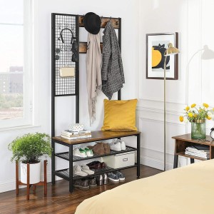 Portemanteau collection RICHMOND coloris noir et bois. Meuble d'entrée avec penderie et rangement chaussures intégrés