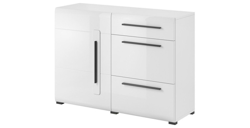 Buffet design 120cm. Collection BREDA une porte et trois tiroirs. Coloris blanc.