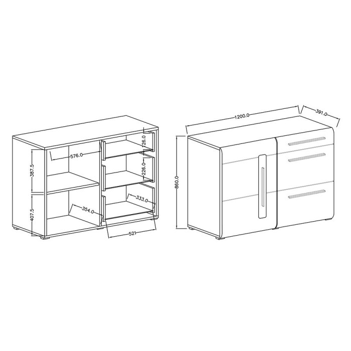 Buffet design 120cm. Collection BREDA une porte et trois tiroirs. Coloris blanc.