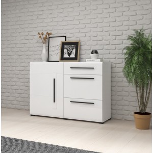Buffet design 120cm. Collection BREDA une porte et trois tiroirs. Coloris blanc.