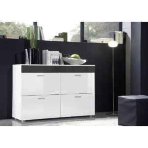 Commode design LOGO, 4 portes Coloris blanc brillant et bande grise brillante