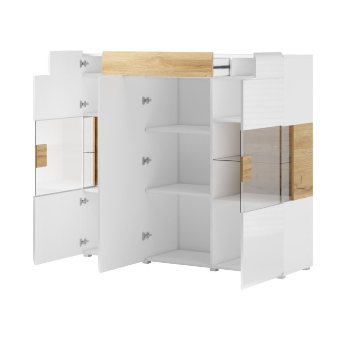 Buffet XL150cm collection OHIO. Éclairage LED intégré. Coloris blanc et chêne.