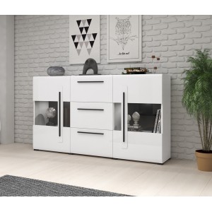 Buffet 180cm collection BREDA deux portes partiellement vitrées et trois tiroirs. Coloris blanc.